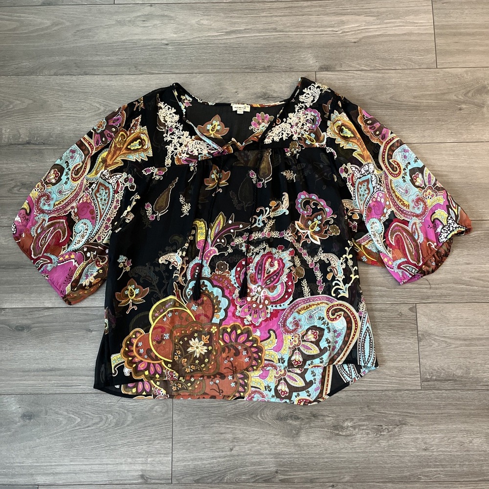 One World Live & Let Live Womens 3X Top Multicolor Floral See Through